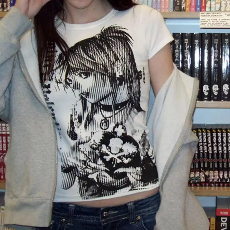 Retrocore O-Neck MicroCrop for Alt-Girl Street Vibes Y2k anime Streetwear Tops T-shirt