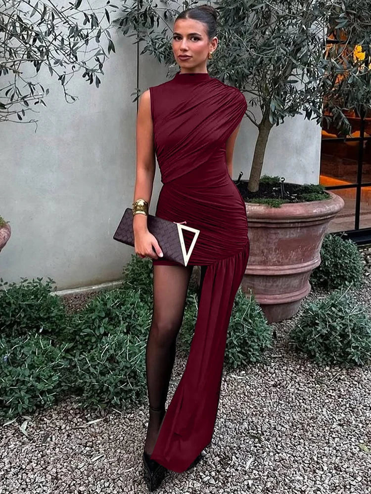 Asymmetric Draped Ruched Mini Dress – Sleeveless High Waist Club Dress with Turtleneck, Elegant 2025 Party Look for Women