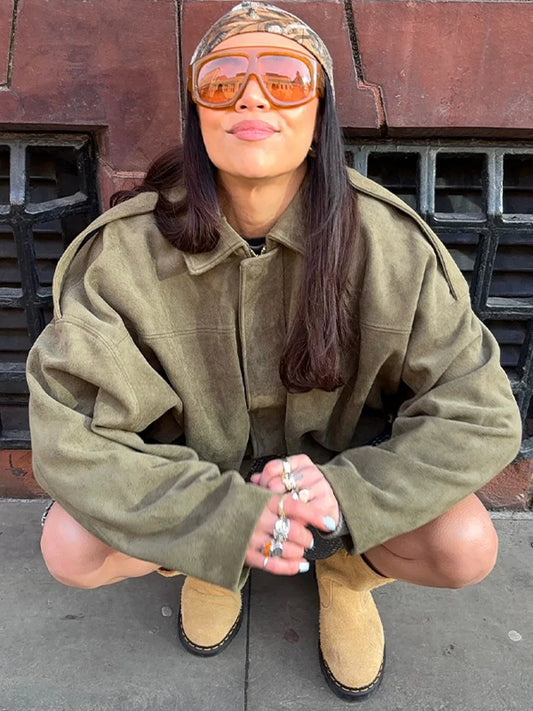 Fall Outfit Inspiration Green Short Jacket With Zipper And Lapel Style