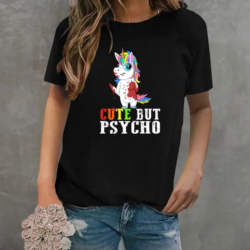 MythiCore MoodSwing Tee – Ecliptic Unicorn SketchTop for Offbeat Queens Unicorn Pattern Cute But Psycho Printed T-Shirt Summer Women T Shirt Casual Streetwear Short Sleeve Round Neck Clothes