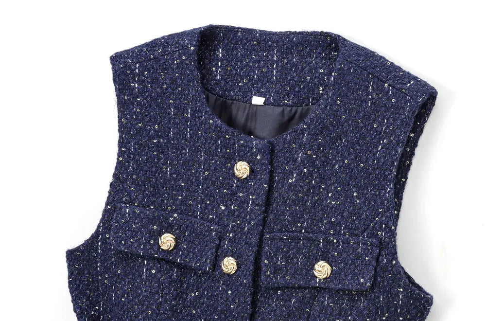 Sleeveless Tweed Waistcoat With Button Front For Trendy Outfit Ideas