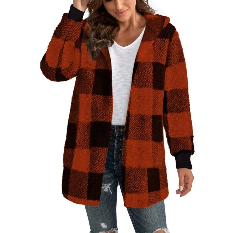 Soft Plush Outerwear With Long Sleeves And Plaid Style For Winter Fall Fashion