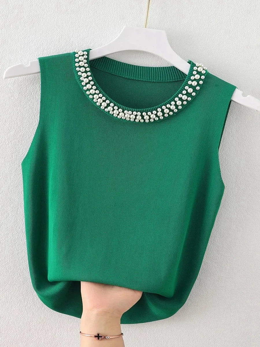 Korean Chic Beaded Knit Tank Top for Women