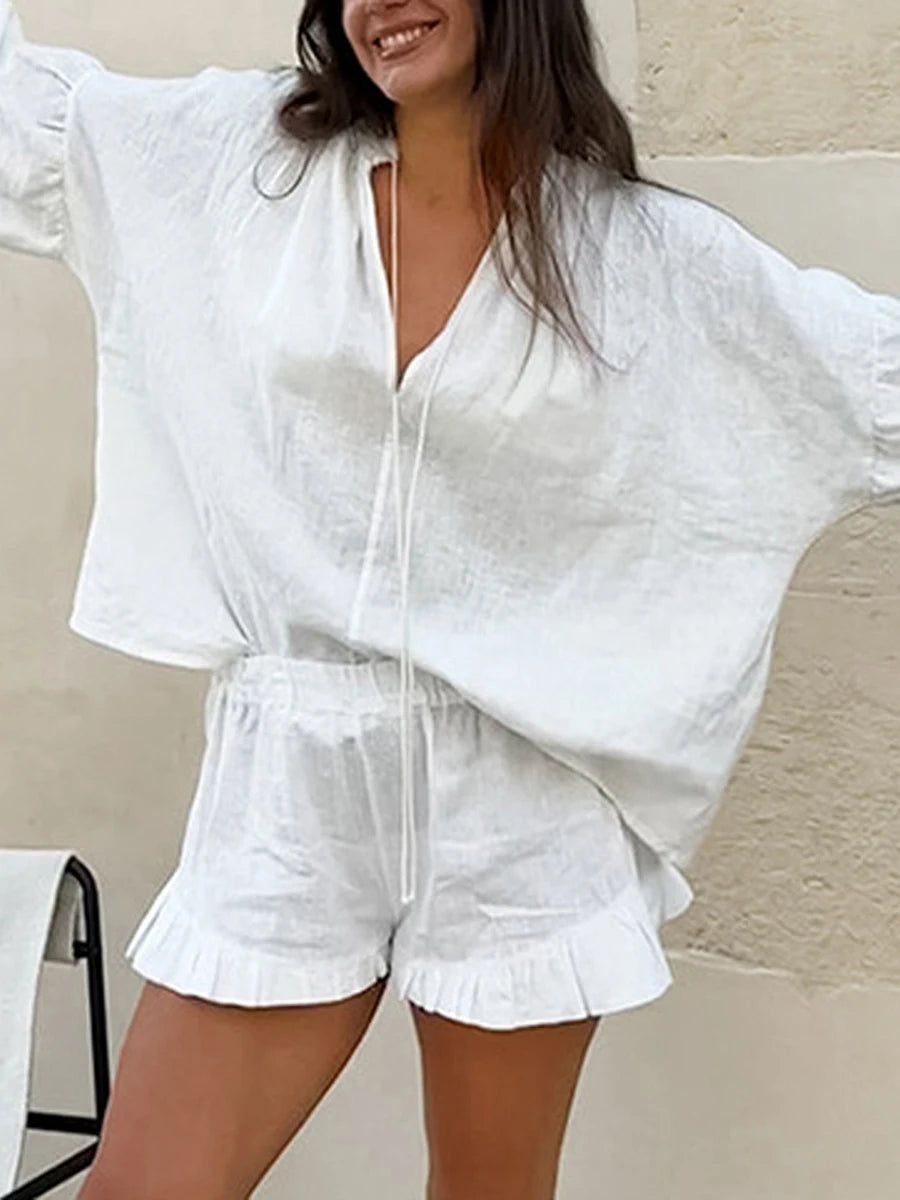 Trendy Y2K Two Piece Set With V Neck Blouse And Relaxed Retro Shorts For Summer