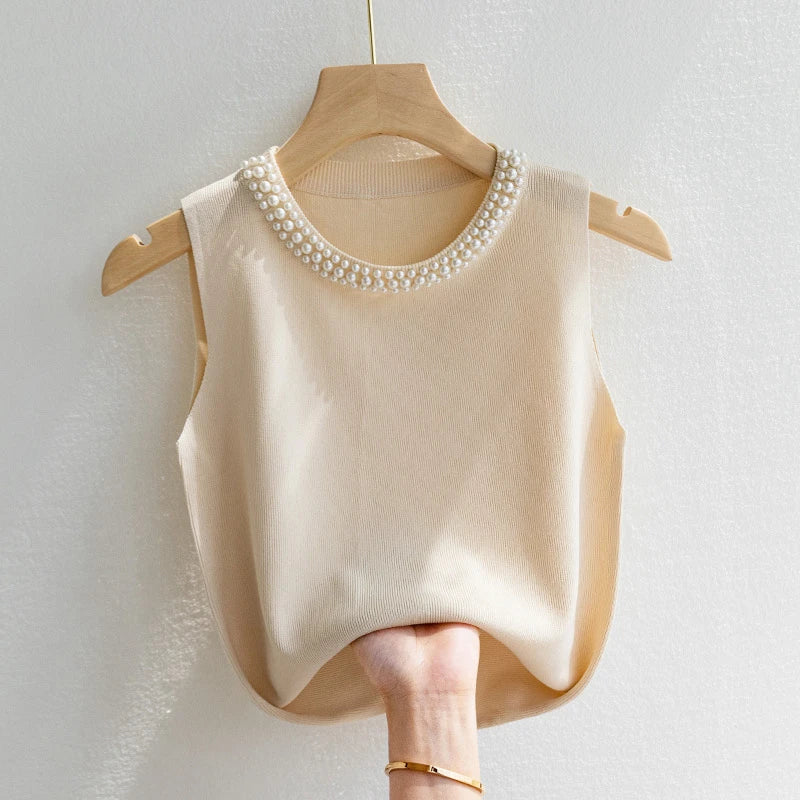 Korean Chic Beaded Knit Tank Top for Women