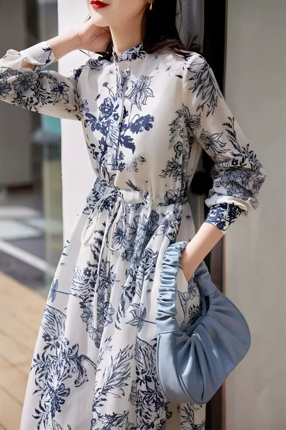 French Style Long Dress With Vintage Print And Tie Waist For Spring Fashion