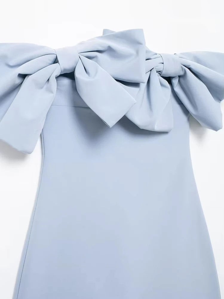 Strapless Mini Dress with Statement Bows – Off-the-Shoulder, Straight Neck, Back Zipper, Sexy Fashion for Women