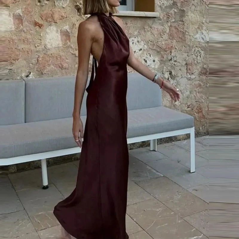 Satin Halter Backless Midi Dress – Brown Pleated Tie-Back Summer Party Dress for Women, Elegant 2025 Evening Look