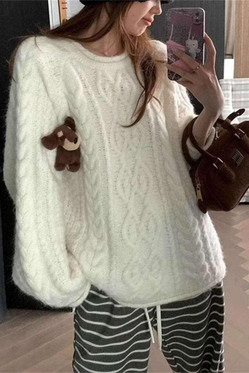 Korean Style Jacquard Knit Sweater With Curled Edges For 2025 Fall Outfits