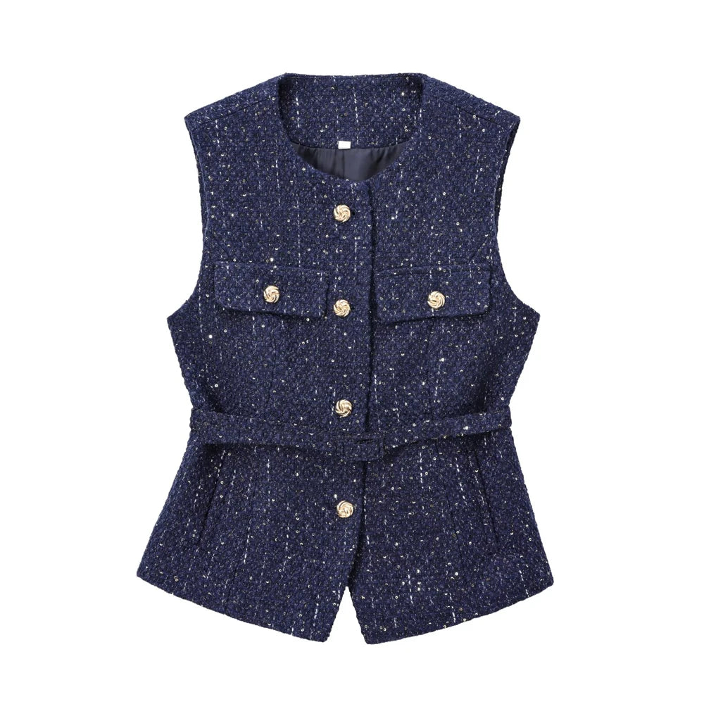 Sleeveless Tweed Waistcoat With Button Front For Trendy Outfit Ideas