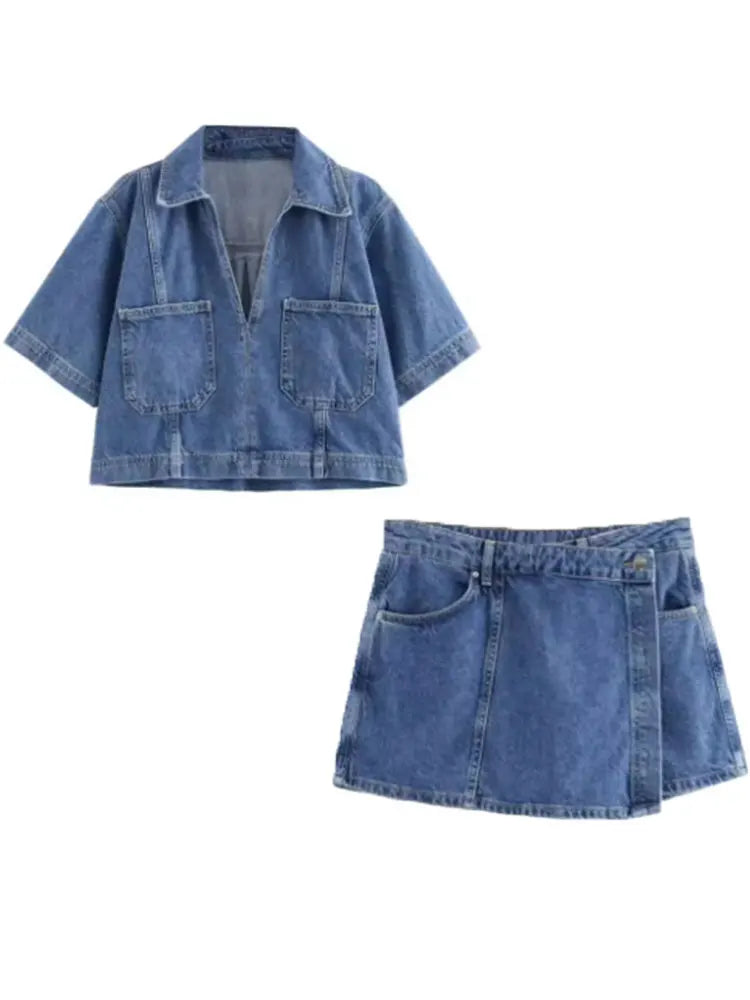 Summer Outfit Set Featuring Denim Shirt And Trendy Skirt For Casual Outfits