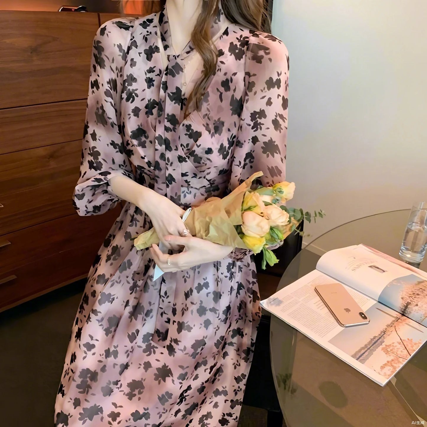 Long Dress For Summer Outfits With V Neck And Flowing French-Inspired Design
