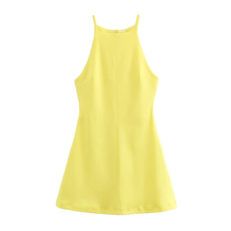 Moto Boho Interlock Halter Dress – Sexy Sleeveless A-Line Fitted Dress in Stretchy Flexible Knitted Fabric