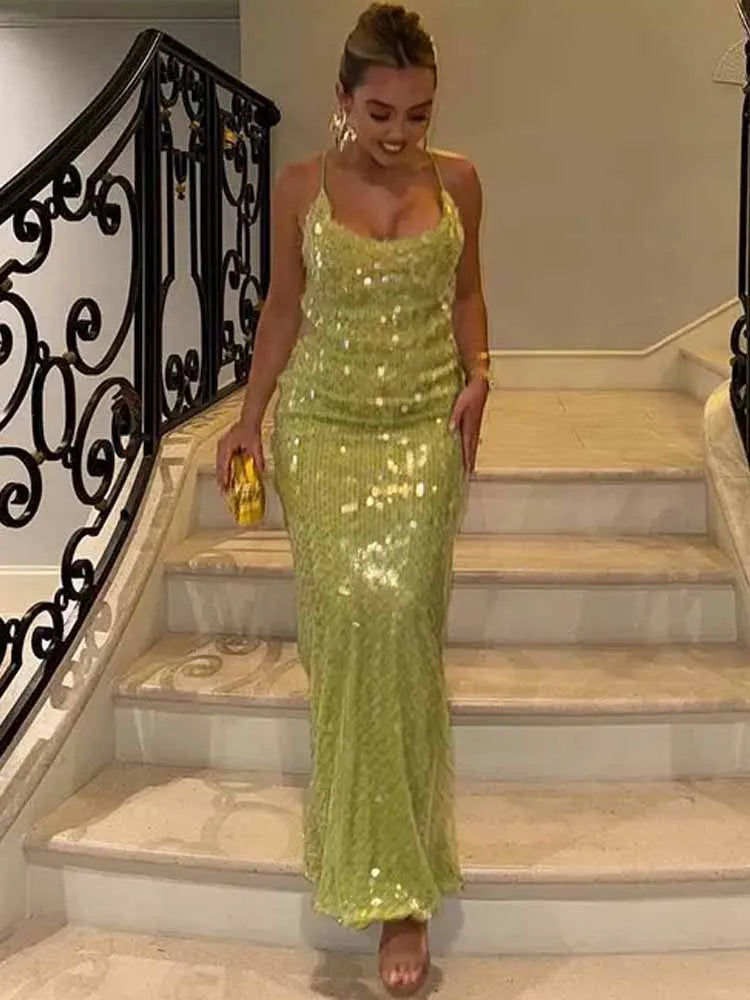 Glam Sequin Halter Maxi Dress – Backless Glitter U-Neck Evening Gown for Women, Summer 2025 Beach Party Look