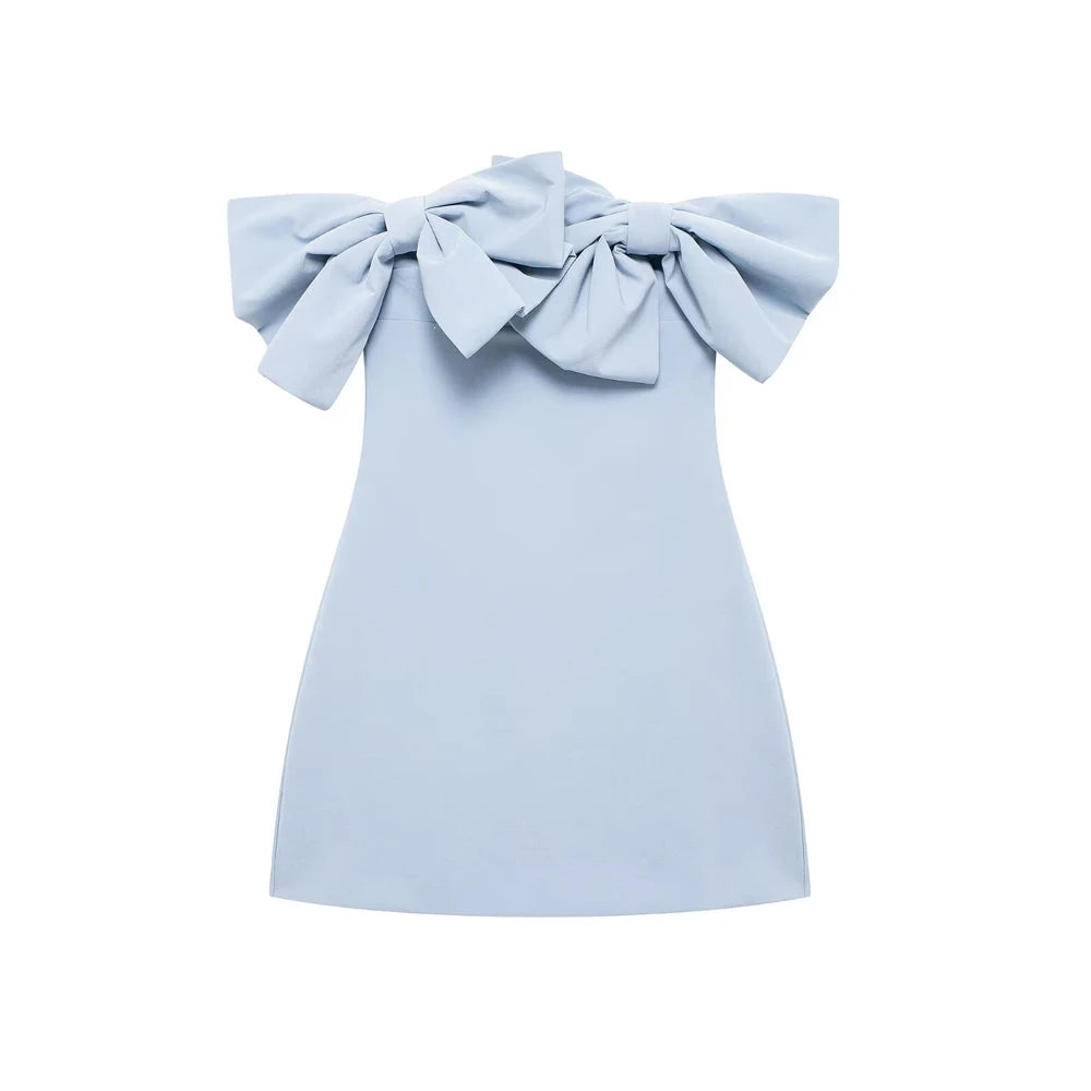 Strapless Mini Dress with Statement Bows – Off-the-Shoulder, Straight Neck, Back Zipper, Sexy Fashion for Women