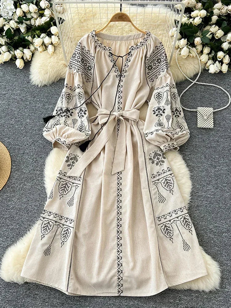Bohemian Long Dress With Ethnic Embroidery And Cinched Waist For Spring Outfits