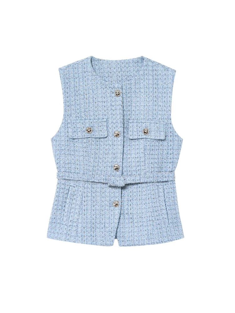 Sleeveless Tweed Waistcoat With Button Front For Trendy Outfit Ideas