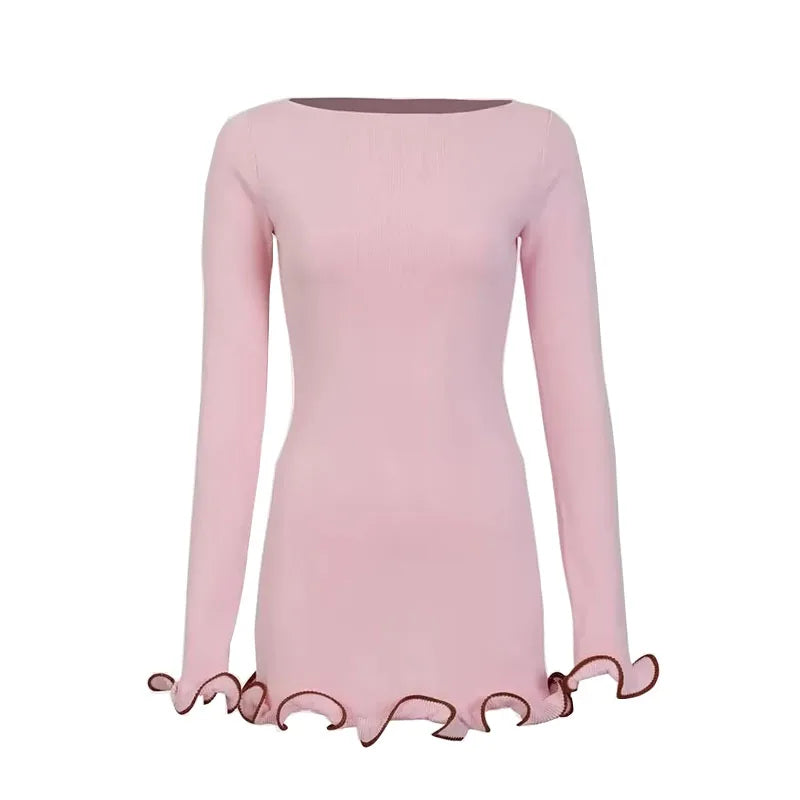 Boho Chic Ruffled Knit Dress – Long Sleeve, Slim Fit, Solid Color Mini Dress for Spring and Summer