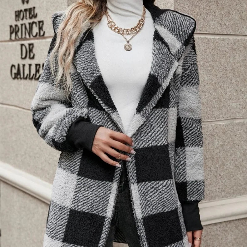 Soft Plush Outerwear With Long Sleeves And Plaid Style For Winter Fall Fashion
