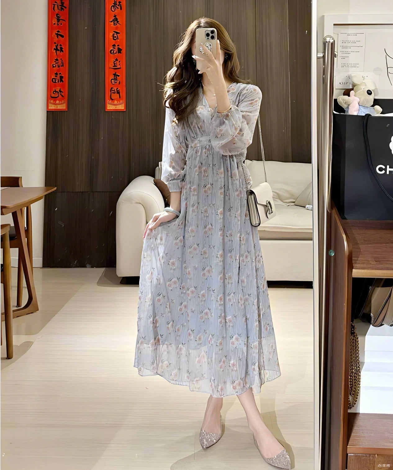 Floral Long Dress With Waist Tie And Swing Silhouette For Spring Outfits Casual