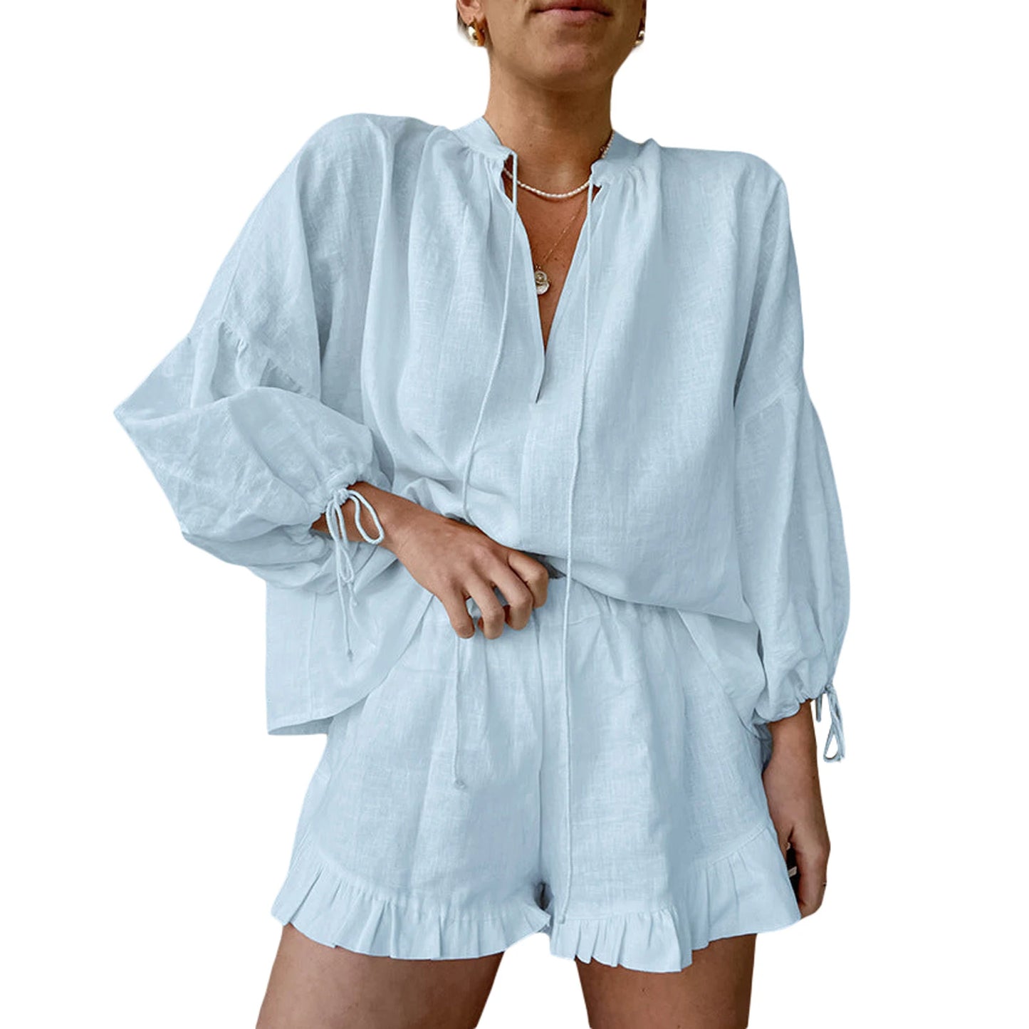 Trendy Y2K Two Piece Set With V Neck Blouse And Relaxed Retro Shorts For Summer