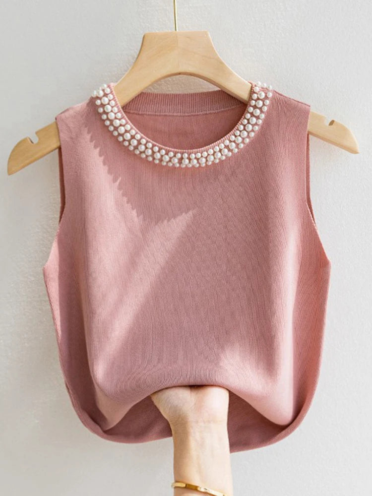 Korean Chic Beaded Knit Tank Top for Women