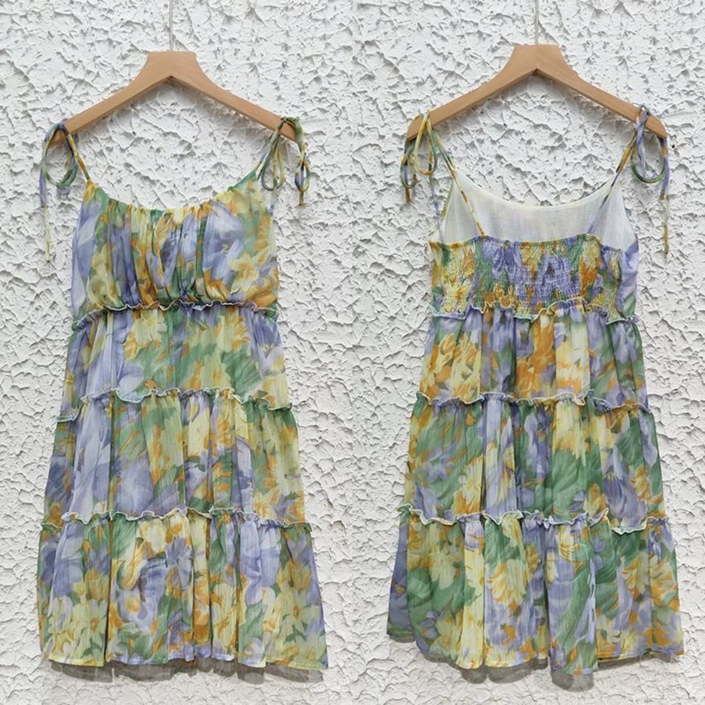 Boho Floral Backless Chiffon Sundress – Layered Ruffles, Strappy Sleeveless Holiday Mini Dress for Summer 2025
