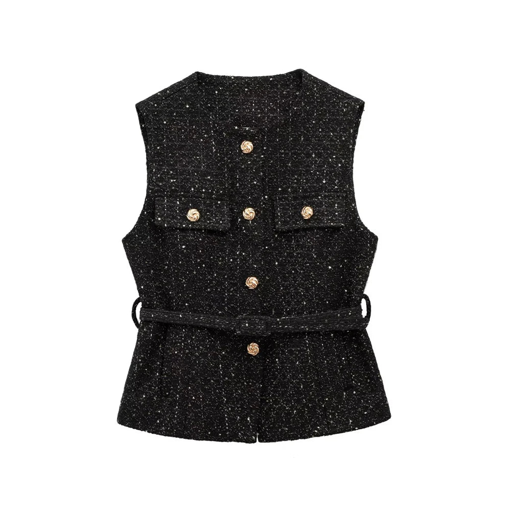 Sleeveless Tweed Waistcoat With Button Front For Trendy Outfit Ideas