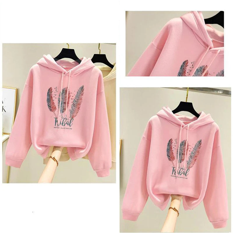 Feather Print Velvet Hoodie For Cozy 2025 Fall Outfits Aesthetic