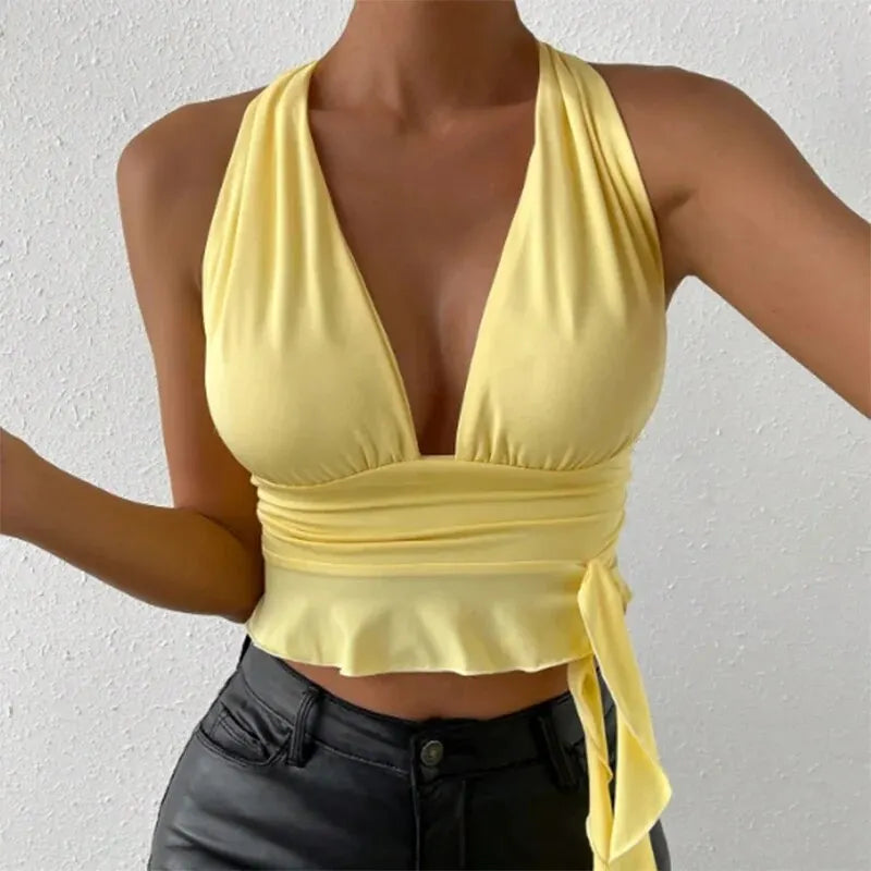 Ethereal Elegance Deep V Pleated Top for Women 2025 Spring Summer Soft Glam Resortwear Inspired by Balletcore Trends