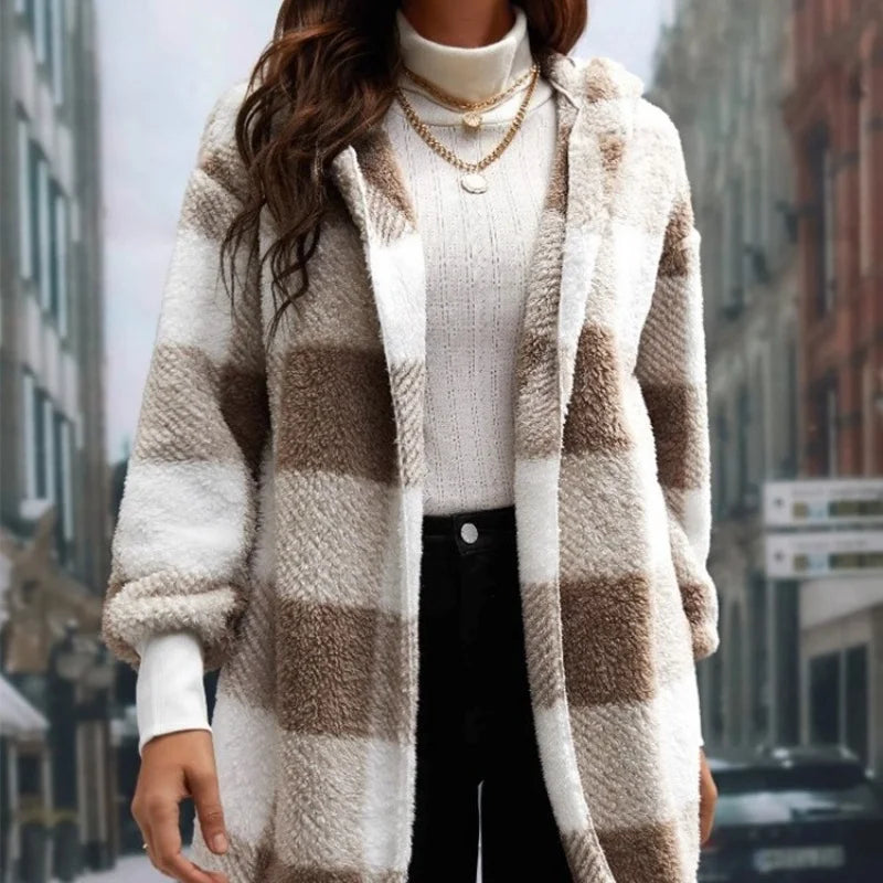 Soft Plush Outerwear With Long Sleeves And Plaid Style For Winter Fall Fashion