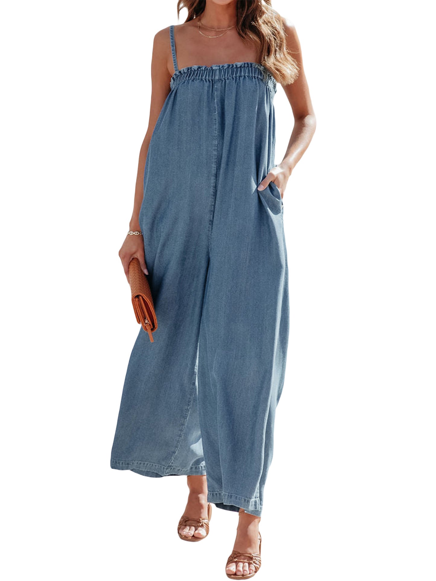 Solid Color Long Romper For Women Featuring Strappy Top And Relaxed Summer Style