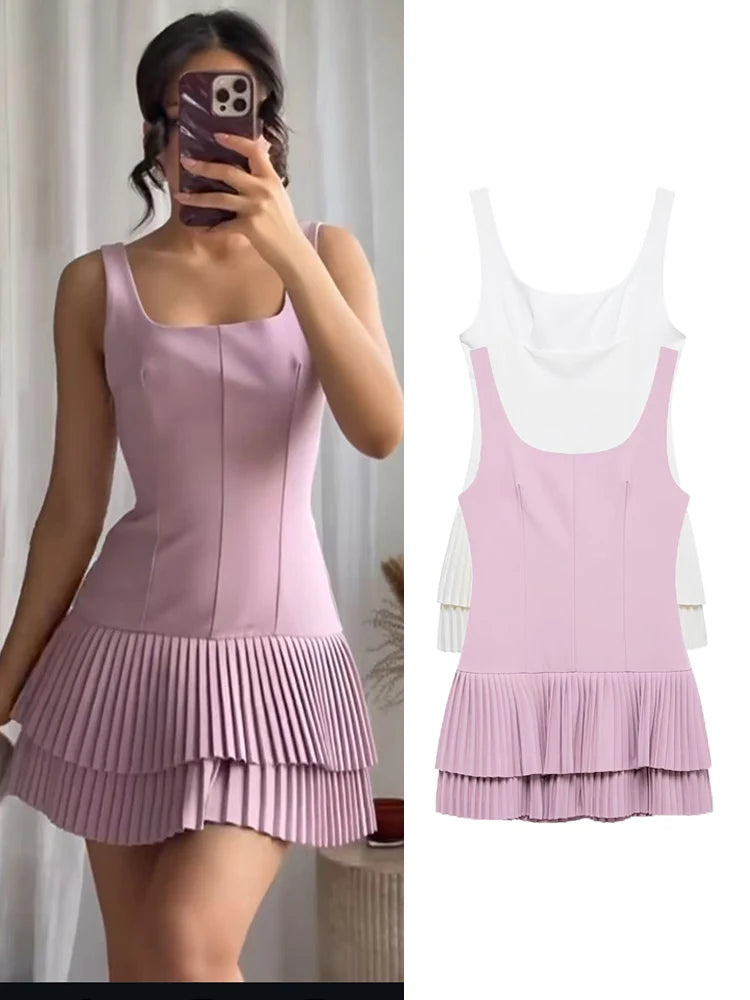 Elegant Pleated Mini Dress for Women – 2025 Square Neck Backless Sleeveless Slim Fit Party Dress in Solid Color