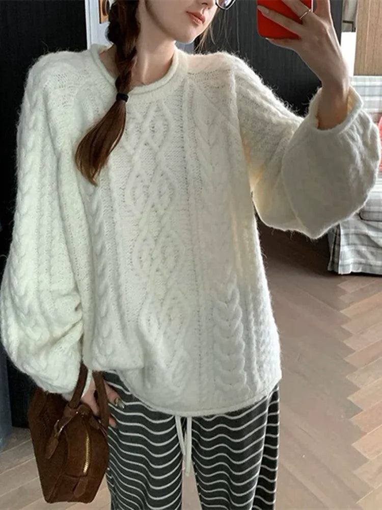 Korean Style Jacquard Knit Sweater With Curled Edges For 2025 Fall Outfits