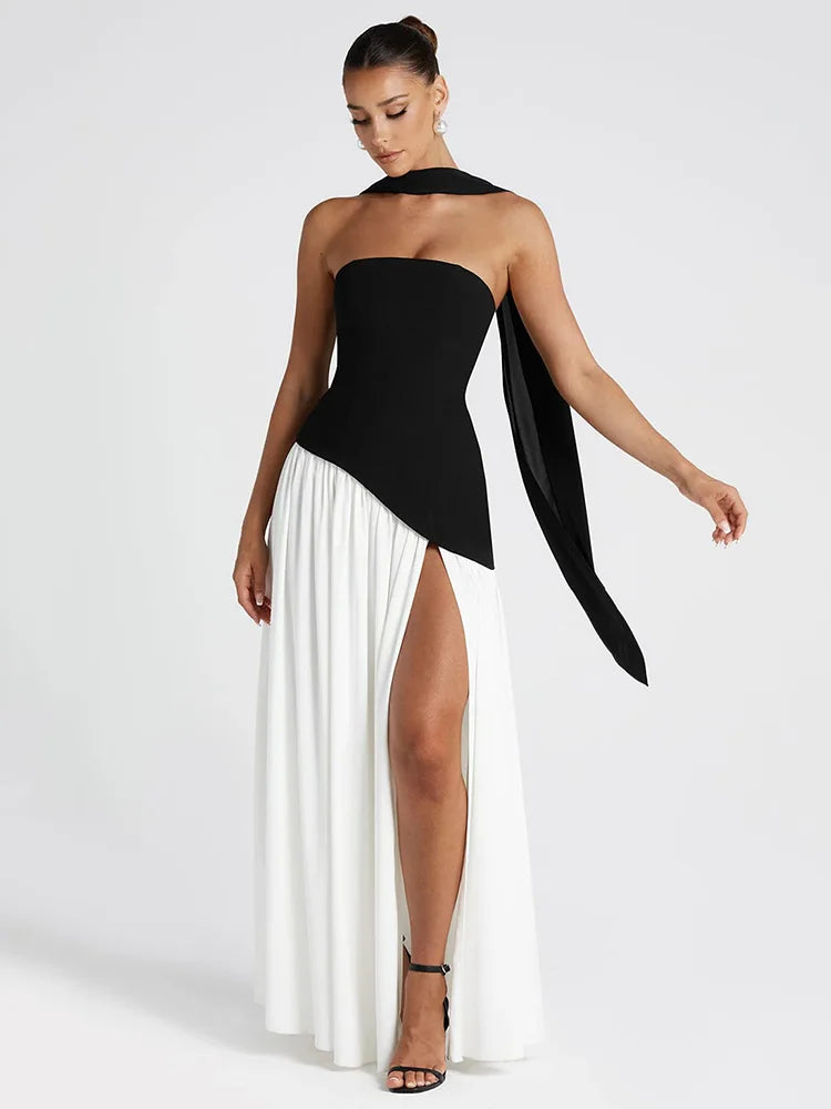 Rococo Revival Strapless Maxi Dress – Off-Shoulder Gown with Scarf Collar and Thigh-High Split
