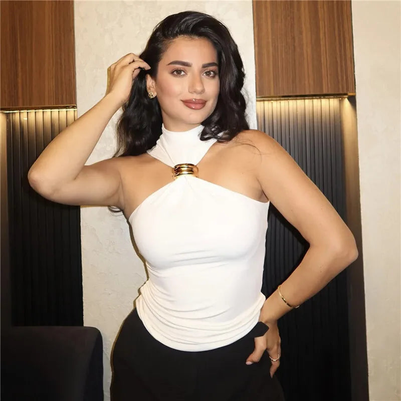 Y2K Turtleneck Knit Crop Tank Top for Women with Metal Ring Detail Sleeveless Ribbed Pullover Camisole Skinny Fit Streetwear Style 2025 Fashion