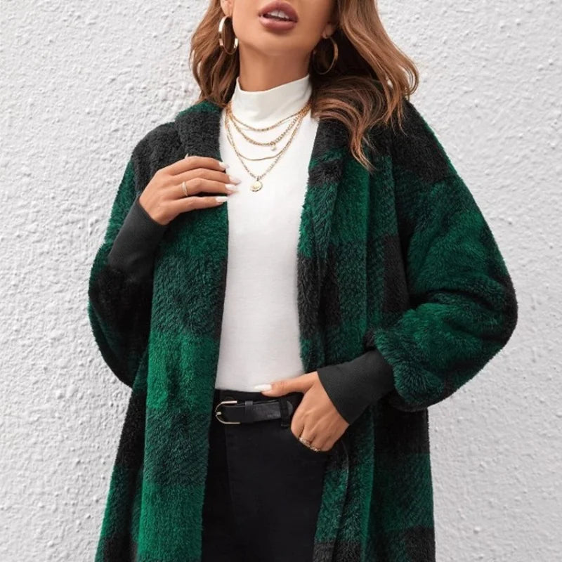 Soft Plush Outerwear With Long Sleeves And Plaid Style For Winter Fall Fashion