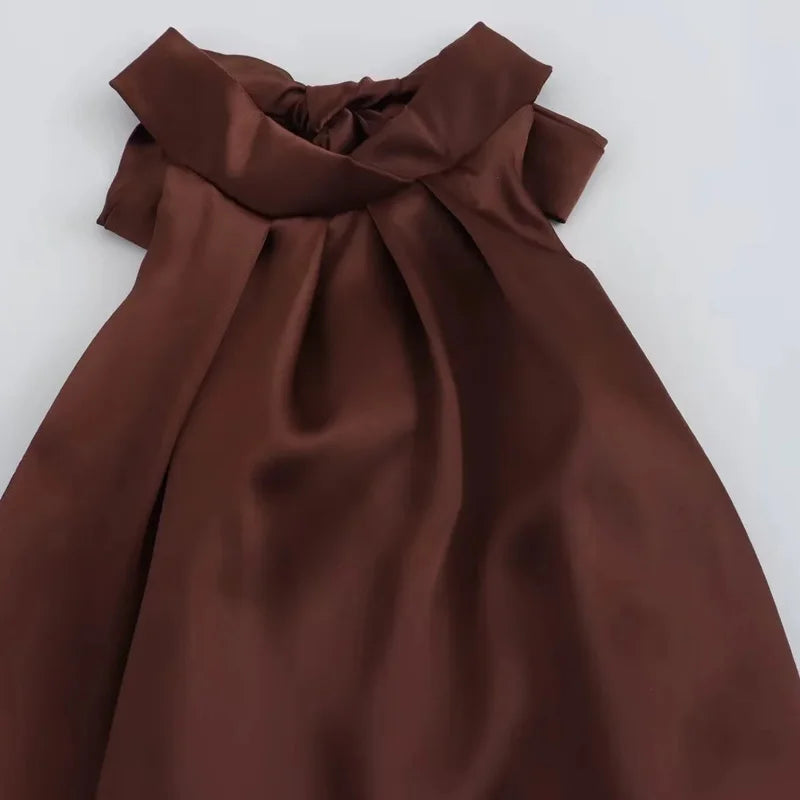 Satin Halter Backless Midi Dress – Brown Pleated Tie-Back Summer Party Dress for Women, Elegant 2025 Evening Look
