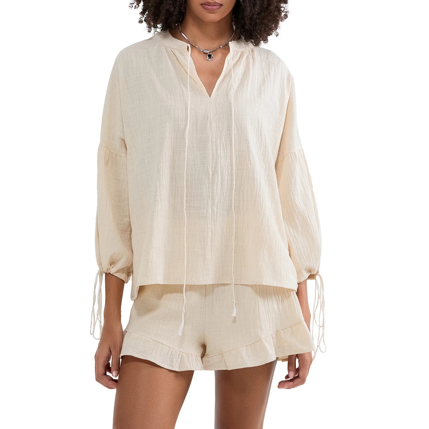 Trendy Y2K Two Piece Set With V Neck Blouse And Relaxed Retro Shorts For Summer