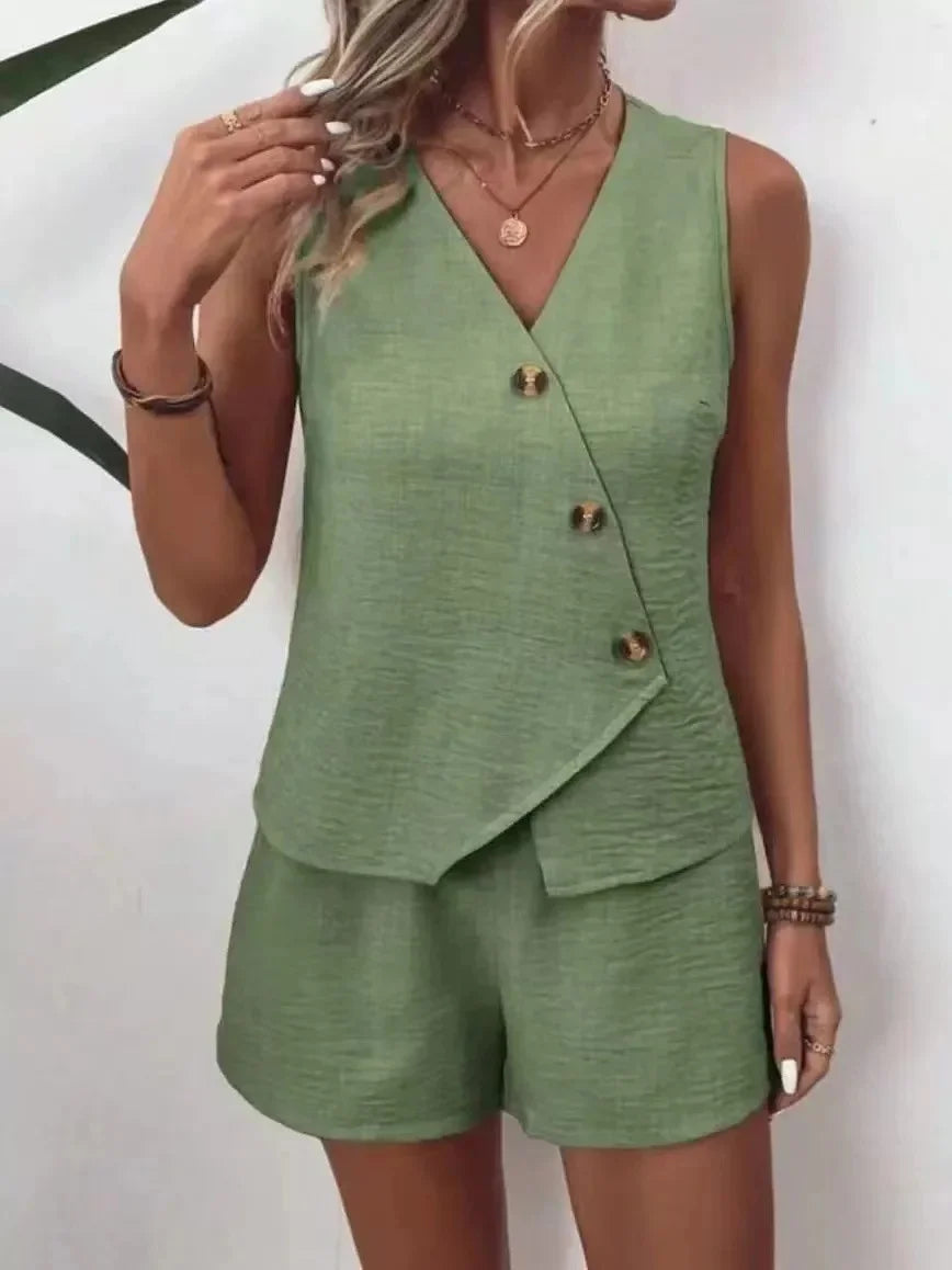 Summer Outfit Idea Featuring V Neck Top And Irregular Shorts Set