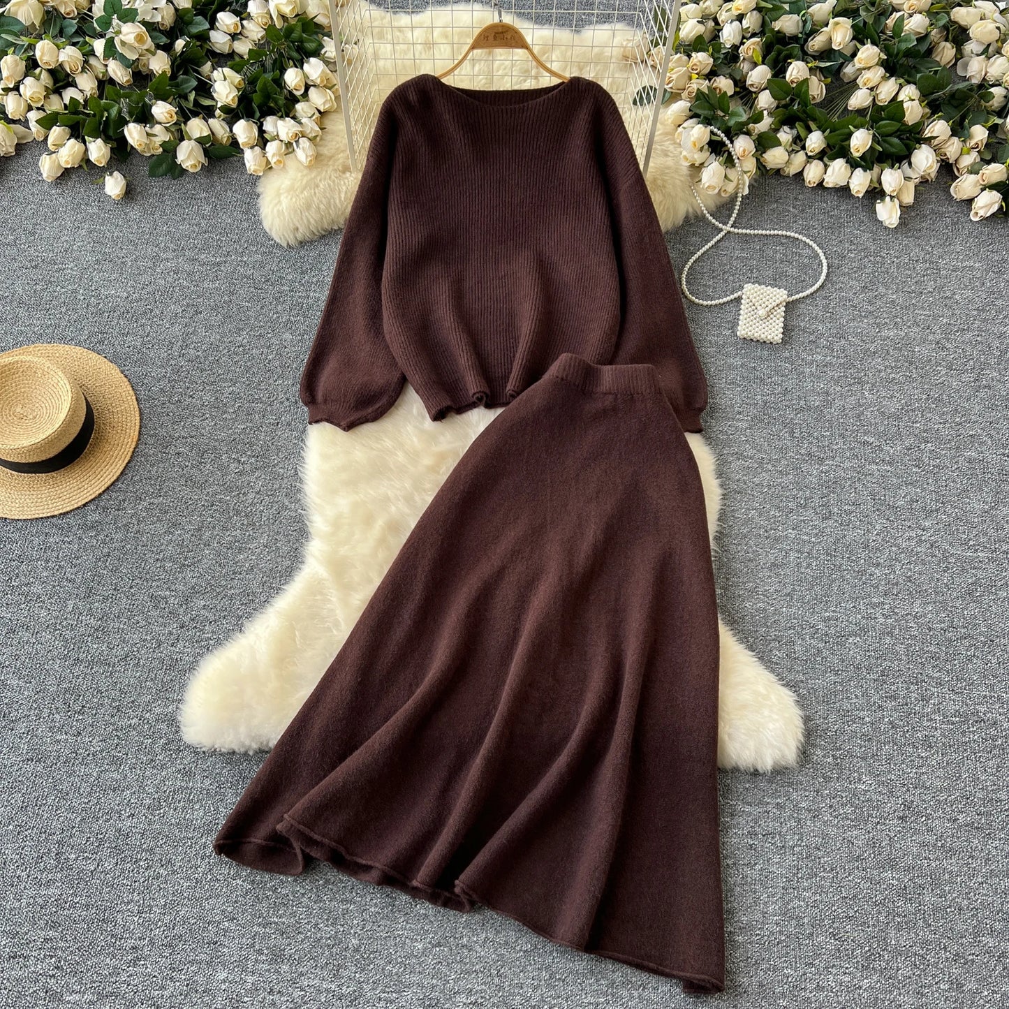 Fall Outfit Aesthetic Knit Sweater And Skirt Coord Set