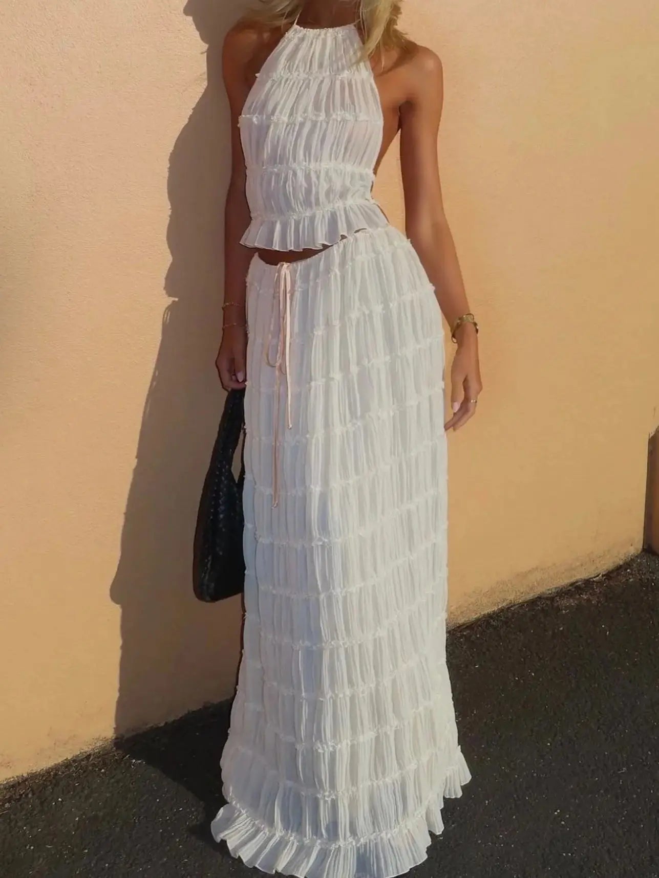 Chic Lace Up Backless Halter Top And Long Fold Maxi Skirt Set For Trendy Summer Style