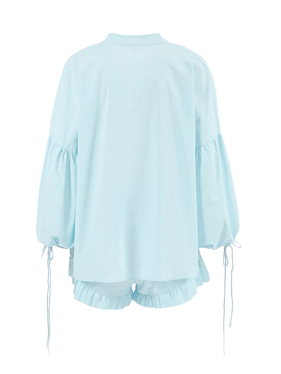 Trendy Y2K Two Piece Set With V Neck Blouse And Relaxed Retro Shorts For Summer