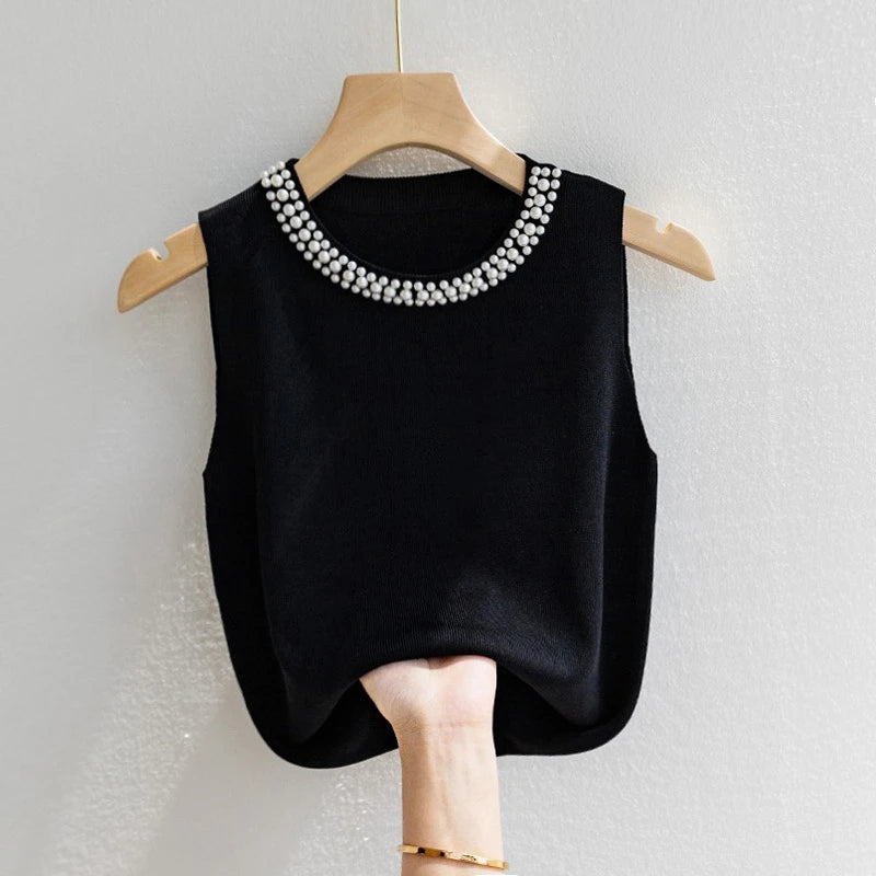 Korean Chic Beaded Knit Tank Top for Women