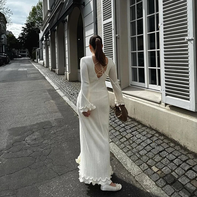 Rococo Revival Ruffled Pleated Long Dress – Elegant Loose Fit O-Neck Flare Party Dress for Women, Autumn Winter Fashion