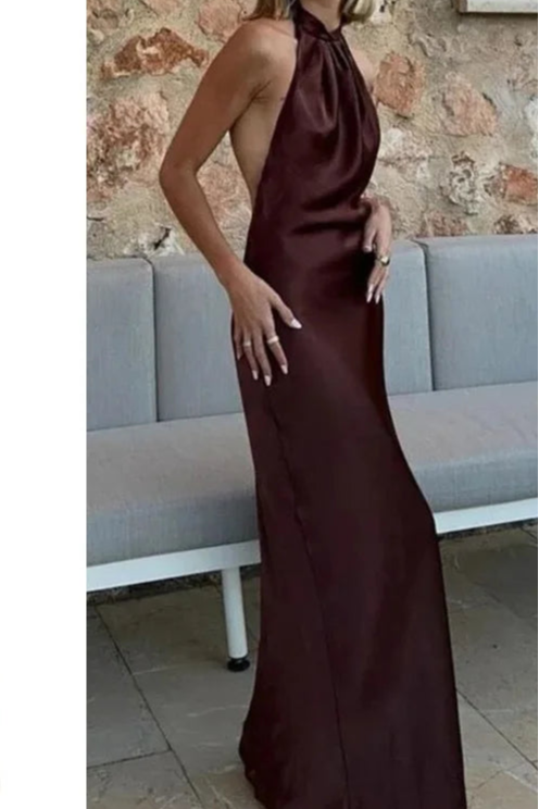 Satin Halter Backless Midi Dress – Brown Pleated Tie-Back Summer Party Dress for Women, Elegant 2025 Evening Look