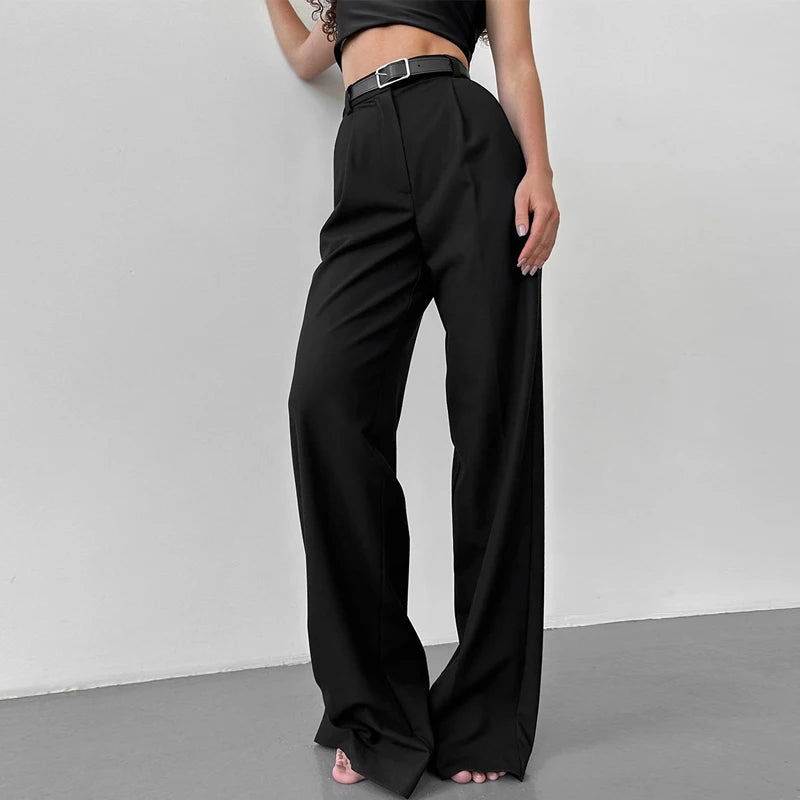 Fall 2025 Elegantcore High Waisted Black Straight Trousers with Tailored Wide Leg Silhouette for Chic Office to Evening Transitions