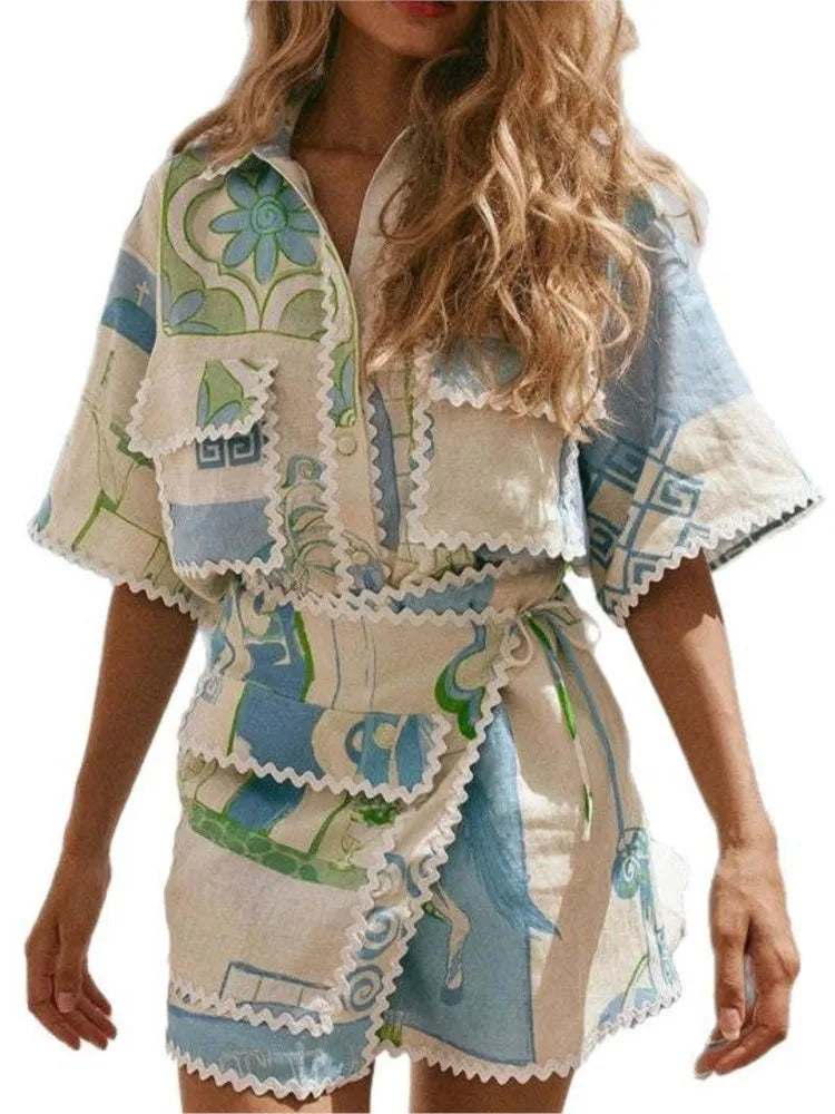 Retro Summer Co Ord Set With Fashion Print Ruffle Blouse And Y2K Skirt Vibes