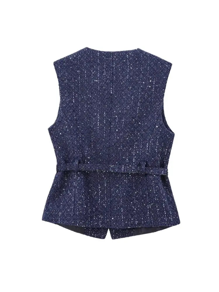 Sleeveless Tweed Waistcoat With Button Front For Trendy Outfit Ideas