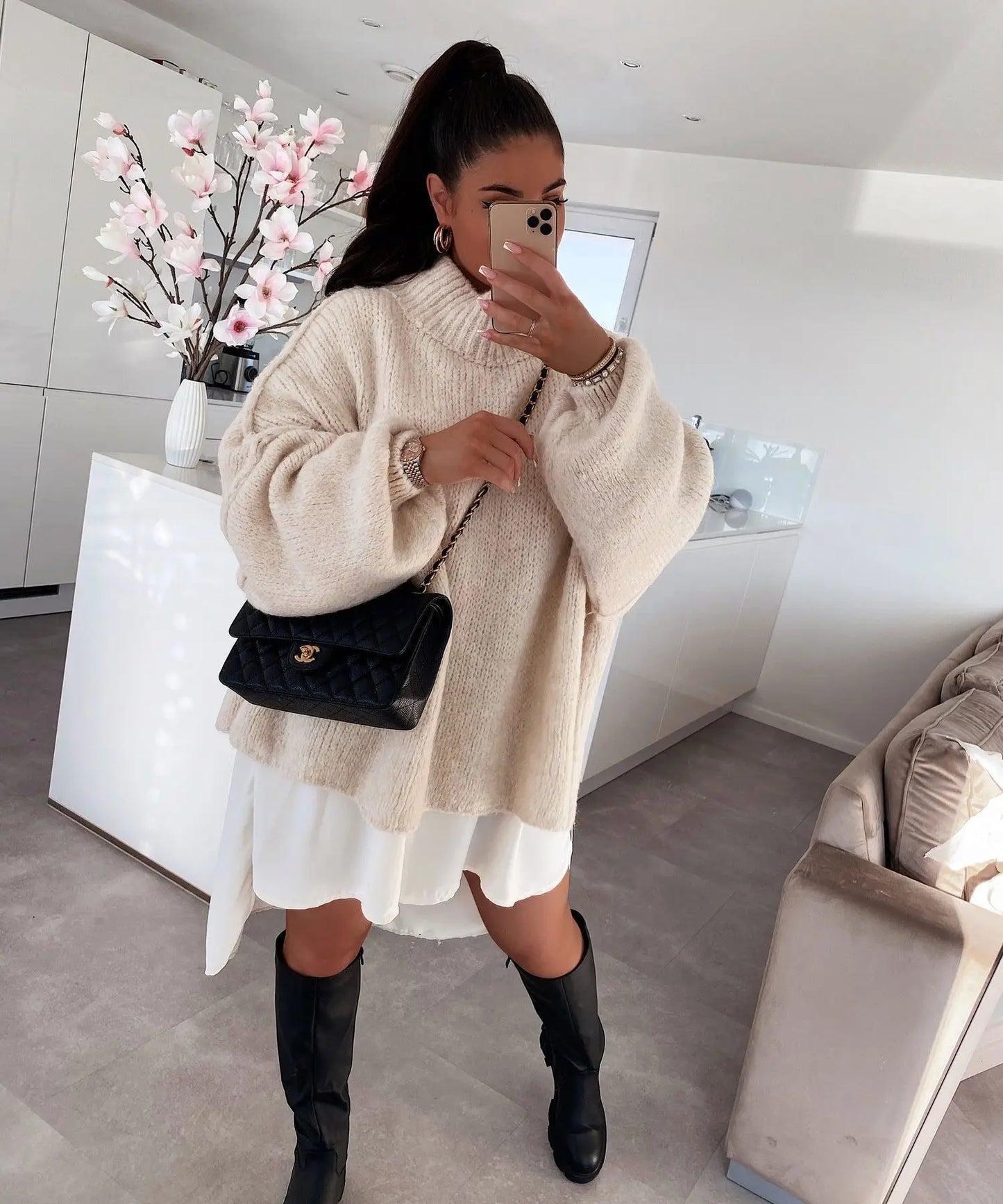 Quilted Elegance Turtleneck Sweater